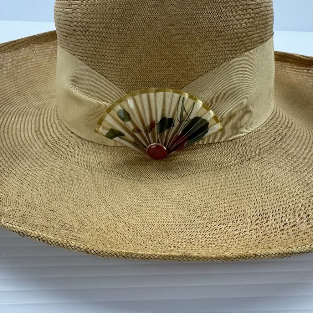 Vintage Frank Olive Straw Wide Brim Hat Floral Brooch Tan